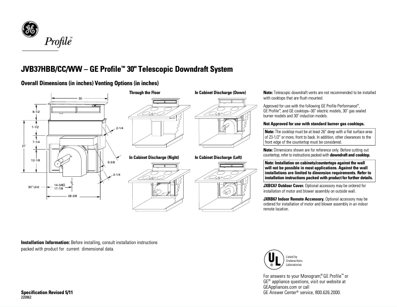 Página 1 del manual Ficha técnica GE Profile JVB37HBB