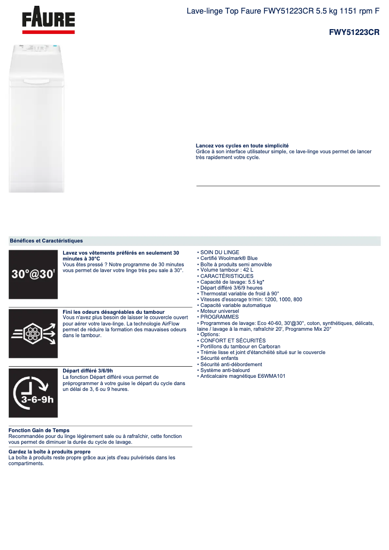 Page 1 de la notice Fiche technique Faure FWY51223CR