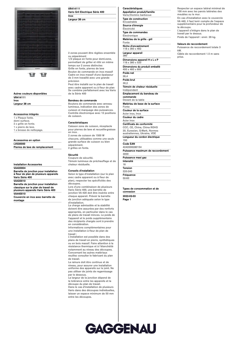 Page 1 de la notice Fiche technique Gaggenau VR414111