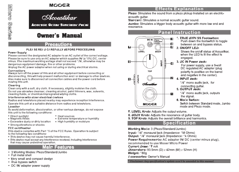 Page 1 de la notice Manuel utilisateur Mooer Acoustikar
