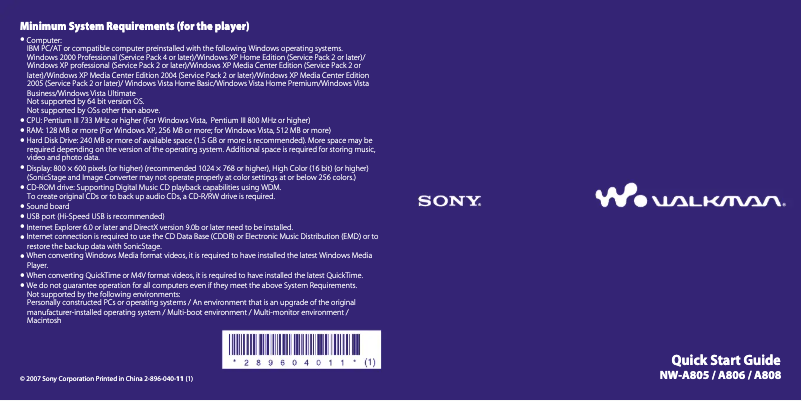 Page n°1 - Guide d'installation Sony NW-A808