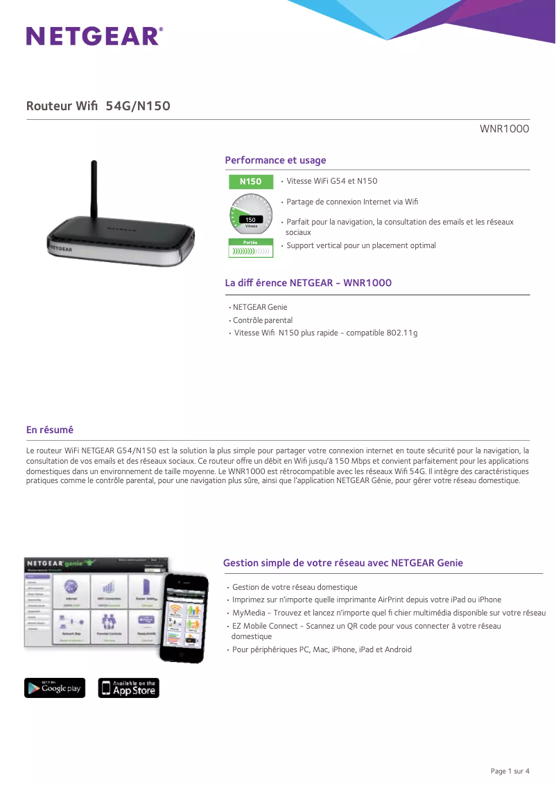 Page 1 de la notice Fiche technique Netgear WNR1000v4