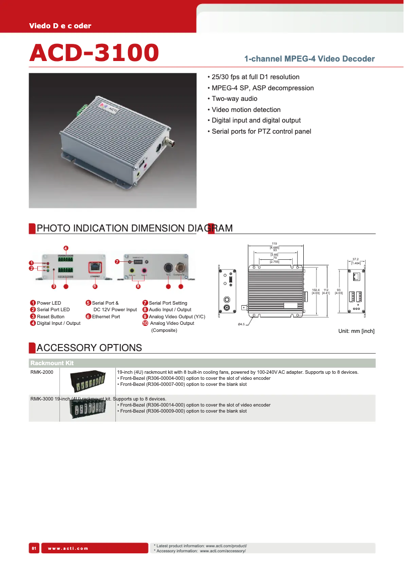 Page 1 de la notice Fiche technique ACTi ACD-3100