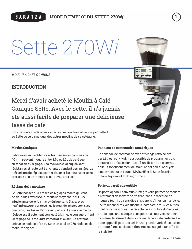 Page 1 de la notice Manuel utilisateur Baratza Sette 270Wi