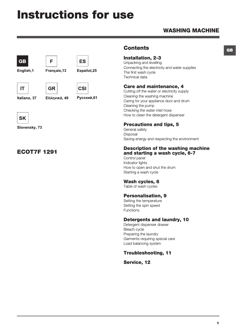 Image de la première page du manuel de l'appareil ECOT7F 1291 (EU)