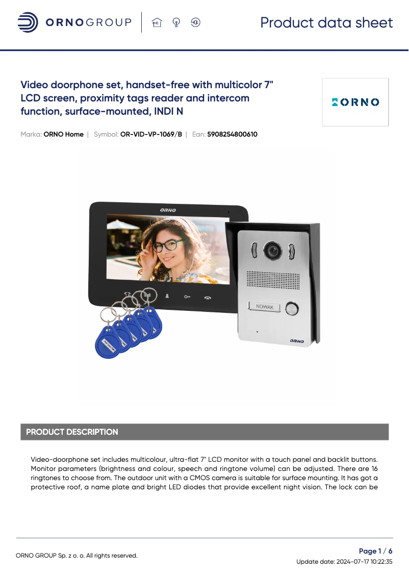 Page 1 de la notice Fiche technique Vibell OR-VID-VP-1069