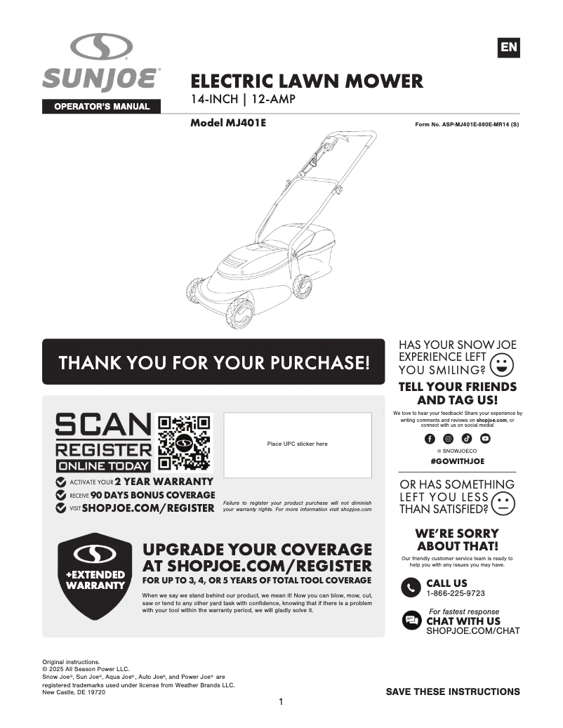 Page 1 de la notice Manuel utilisateur Sun Joe MJ401E