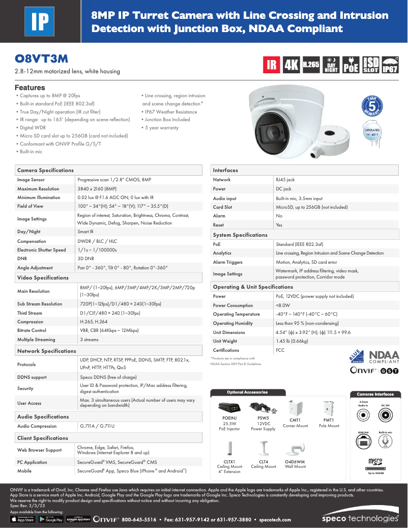 Page 1 de la notice Fiche technique Speco Technologies O8VT3M