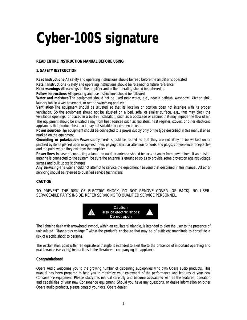 Page n°1 - Manuel utilisateur Opera-Consonance CYBER-100S Signature
