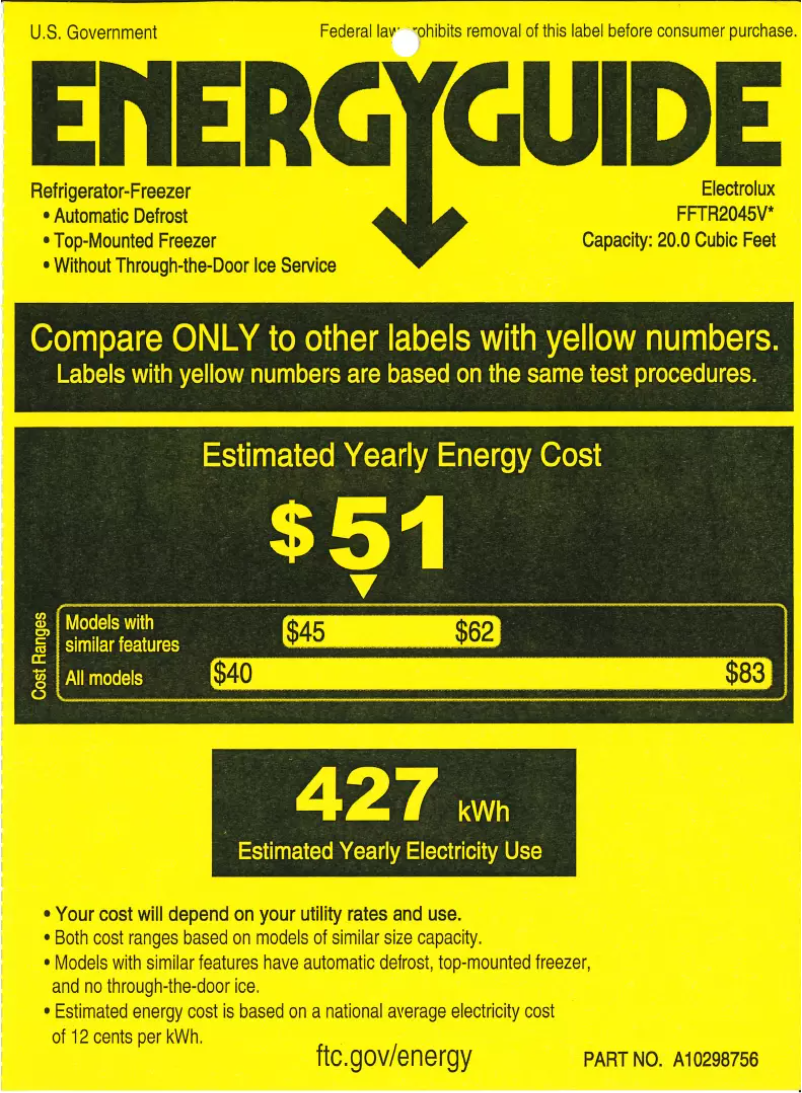 Página 1 del manual Etiqueta energética Frigidaire FFTR2045VB