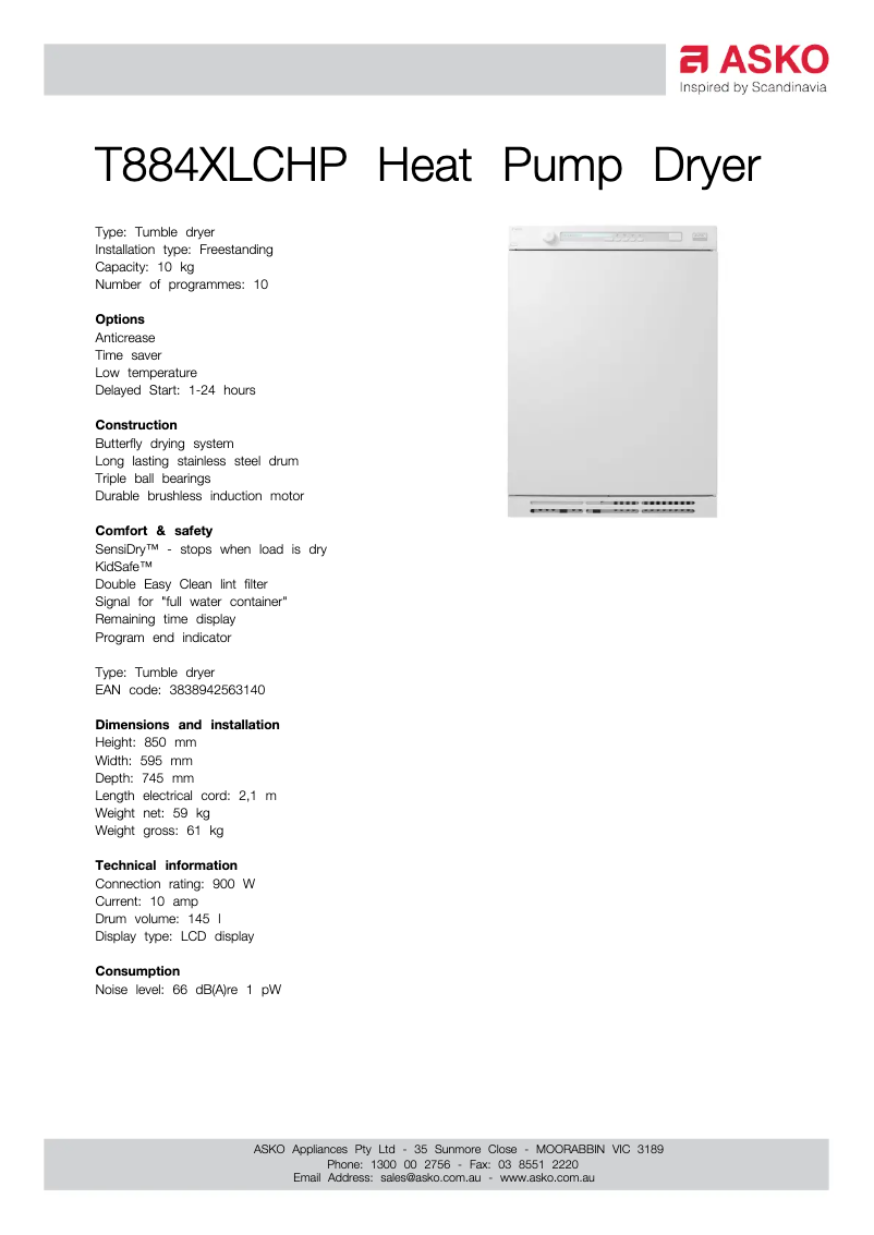 Page 1 de la notice Fiche technique Asko T884XLCHP