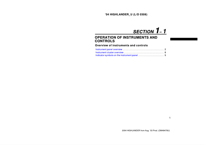Page 1 de la notice Manuel utilisateur Toyota Highlander (2004)