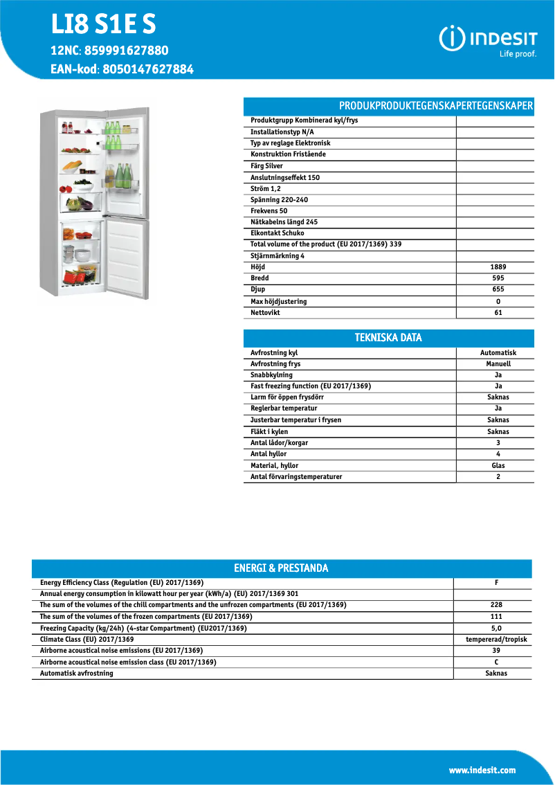 Page n°1 - Fiche technique Indesit LI8 S1E S