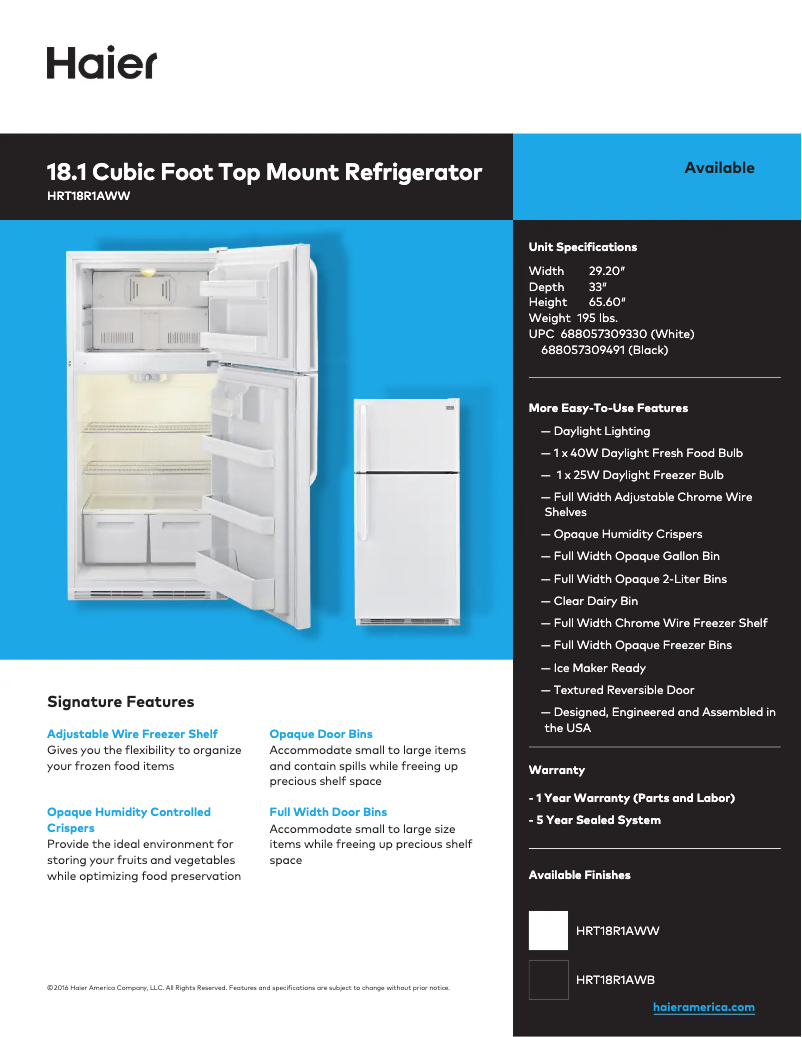Page n°1 - Fiche technique Haier HRT18R1AWB
