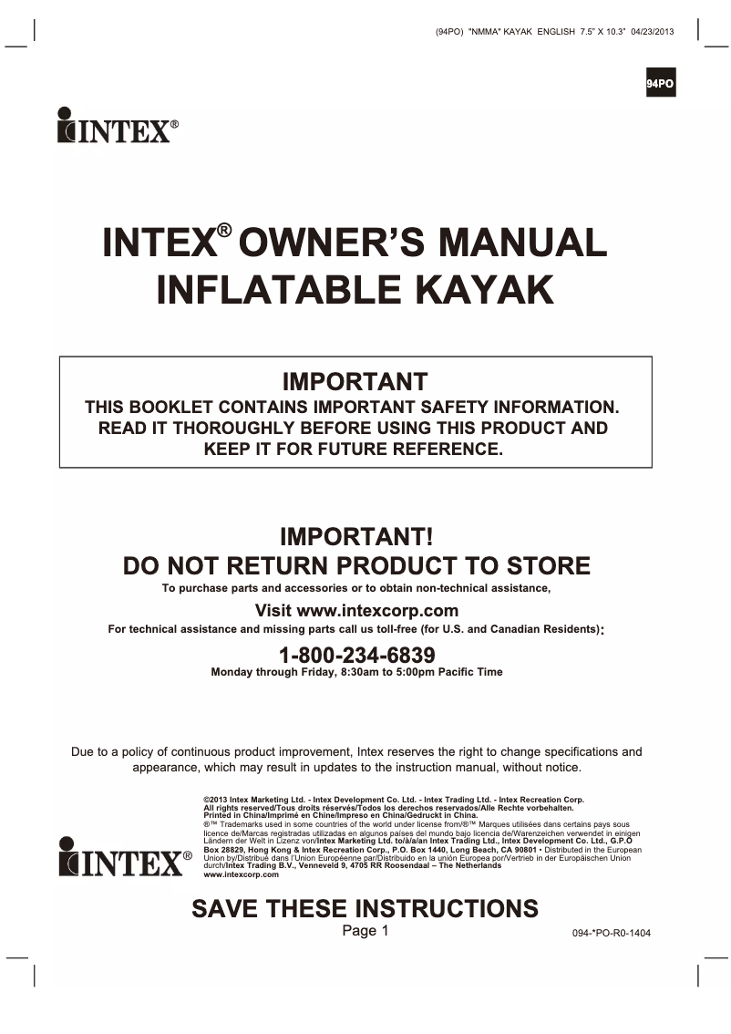 Page 1 de la notice Manuel utilisateur Intex 68306EP