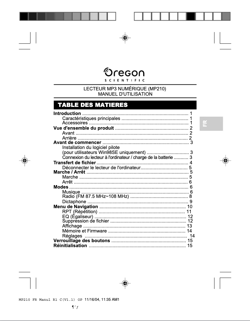 Page 1 de la notice Manuel utilisateur Oregon Scientific MP210