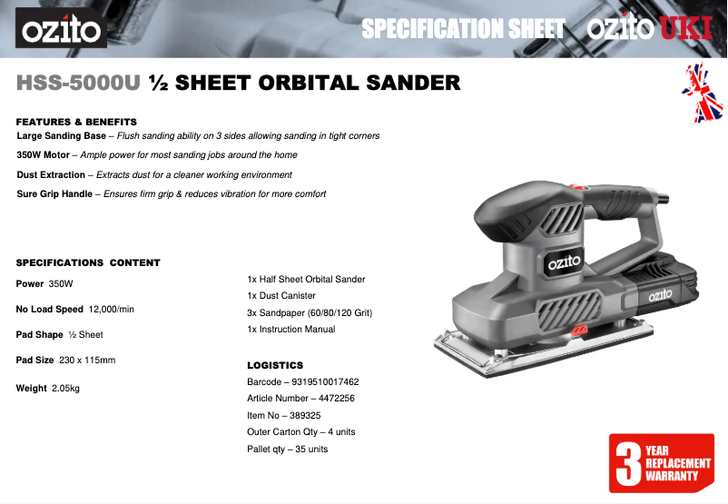 Page 1 de la notice Fiche technique Ozito HSS-5000U