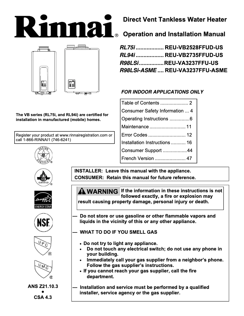 Page n°1 - Manuel utilisateur Rinnai RL75iP
