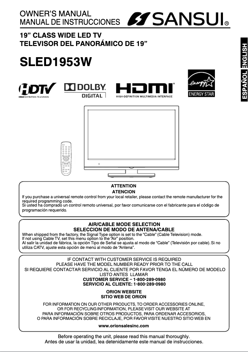 Image de la première page du manuel de l'appareil SLED1953W