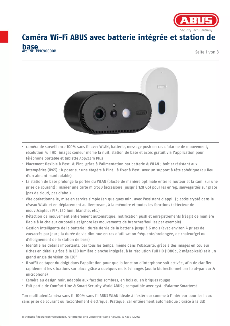 Page 1 de la notice Fiche technique Abus PPIC90000B