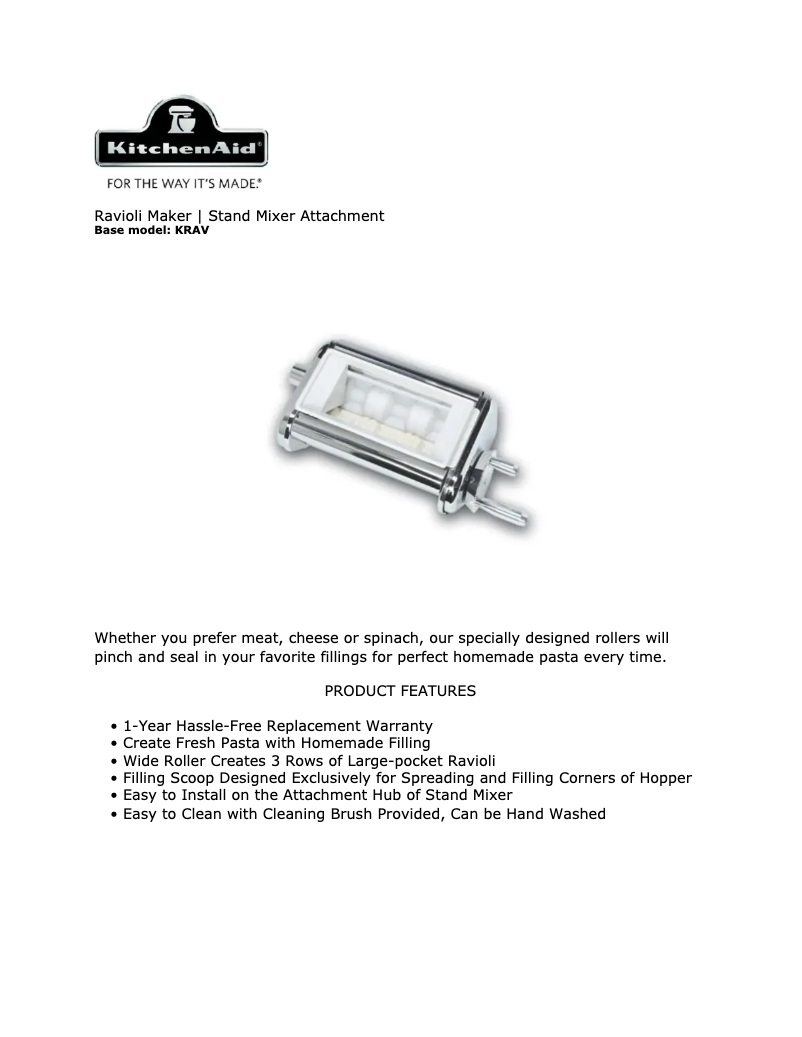 Page 1 de la notice Fiche technique KitchenAid 5KRAV