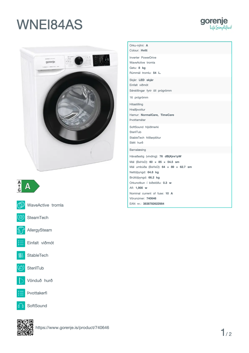 Page 1 de la notice Manuel utilisateur Gorenje WNEI84AS