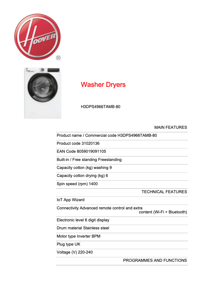 Página 1 del manual Ficha técnica Hoover H3DPS4966TAMB-80