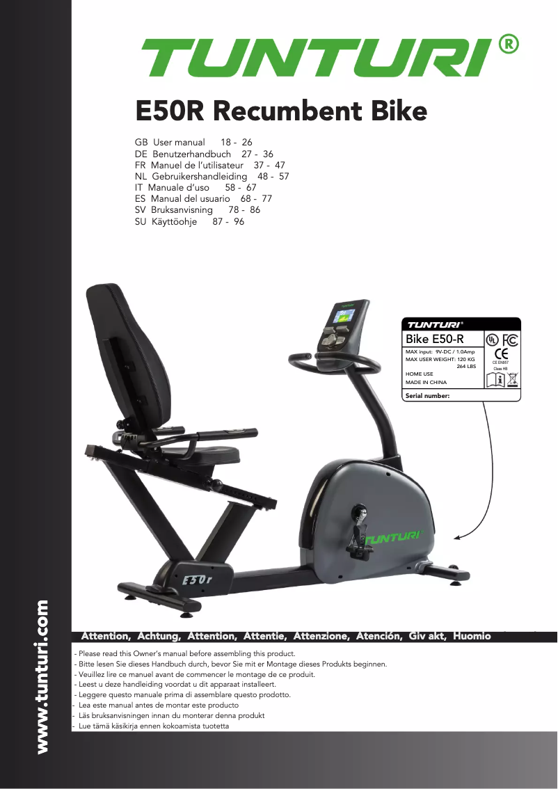 Page n°1 - Manuel utilisateur Tunturi Performance E50-R