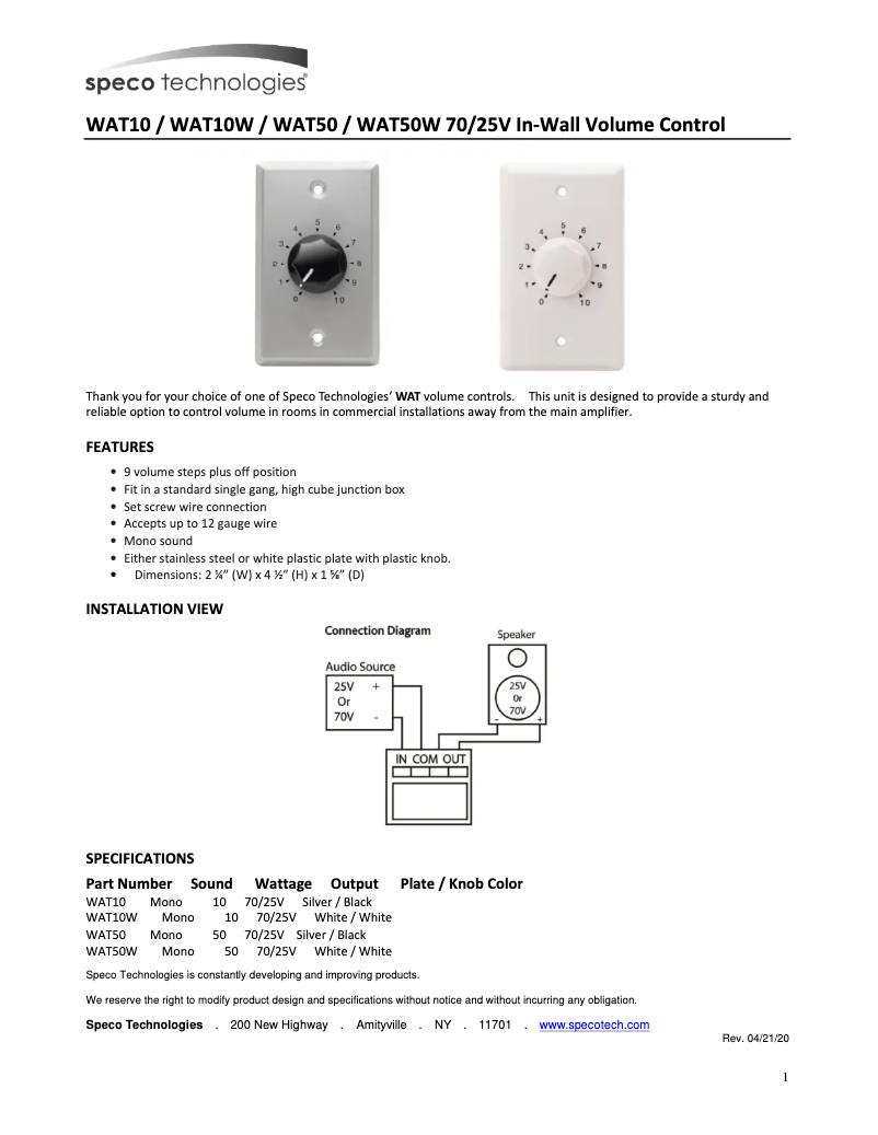 Page n°1 - Manuel utilisateur Speco Technologies WAT10