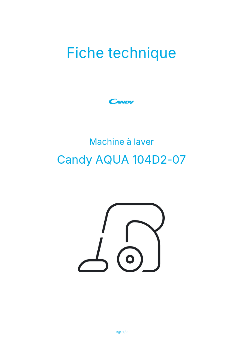Page n°1 - Fiche technique Candy AQUA 104D2-07