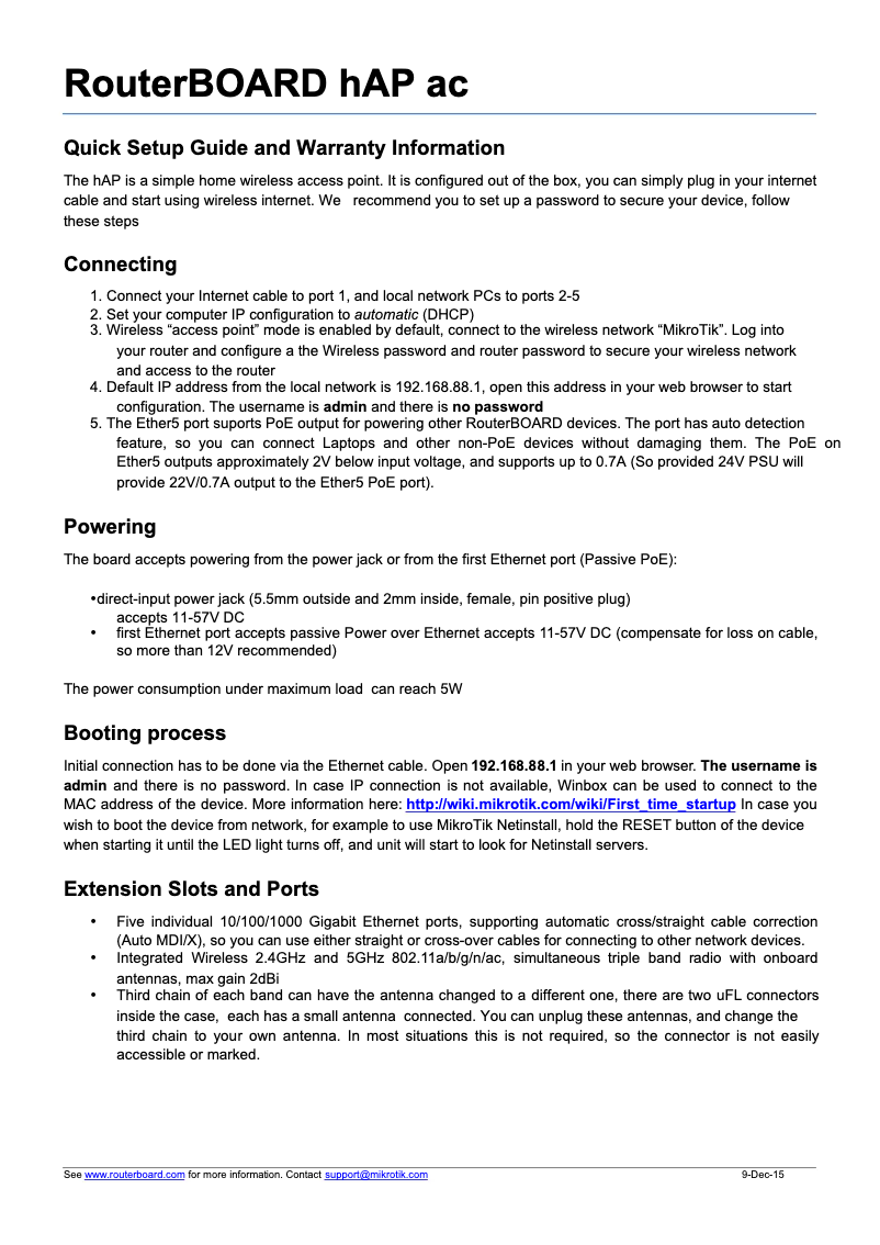 Image de la première page du manuel de l'appareil RouterBOARD hAP ac