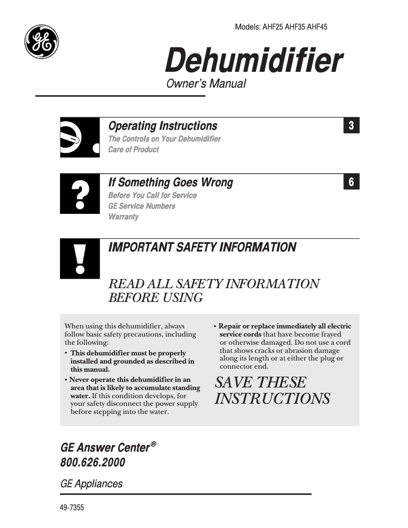 Page 1 de la notice Manuel utilisateur GE AHF35FA