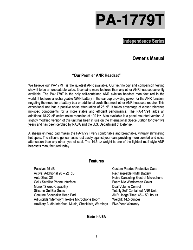 Page n°1 - Manuel utilisateur Pilot PA-1779T