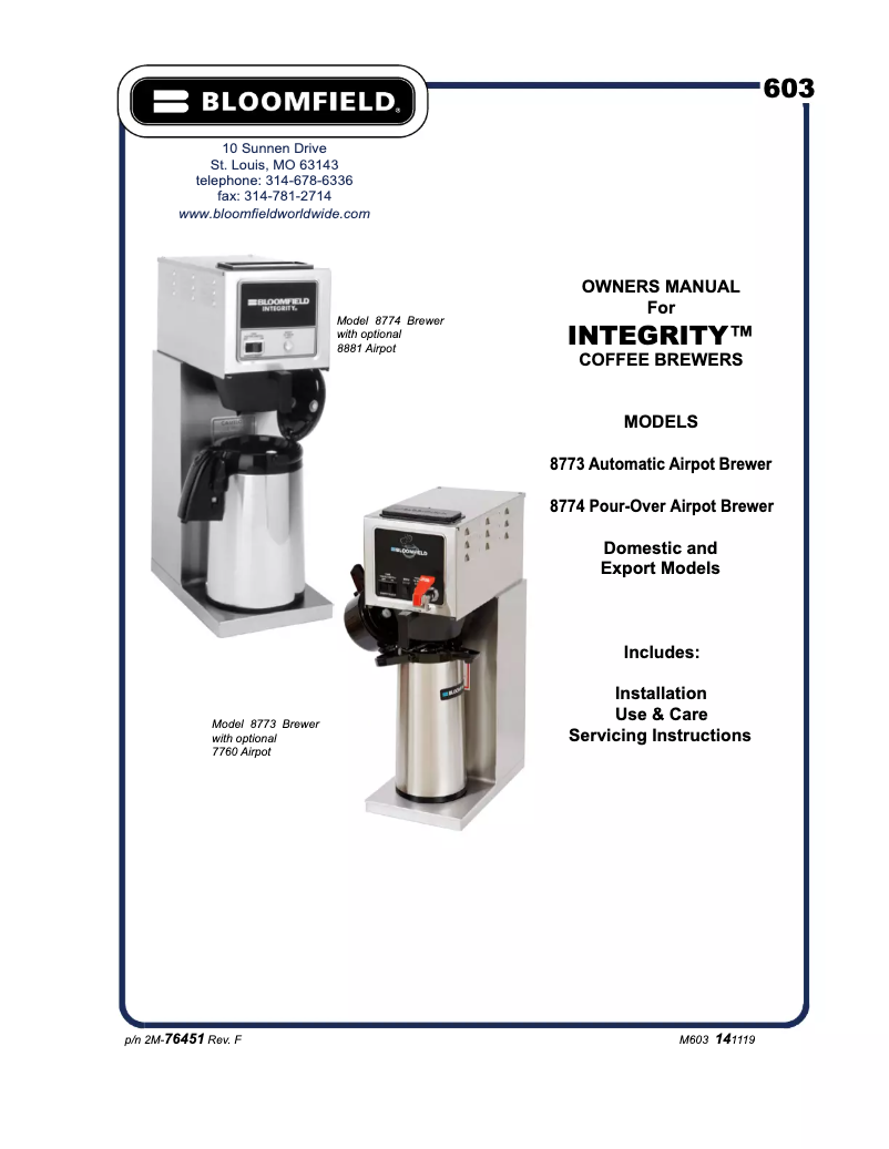 Page n°1 - Manuel utilisateur Bloomfield Integrity 8773