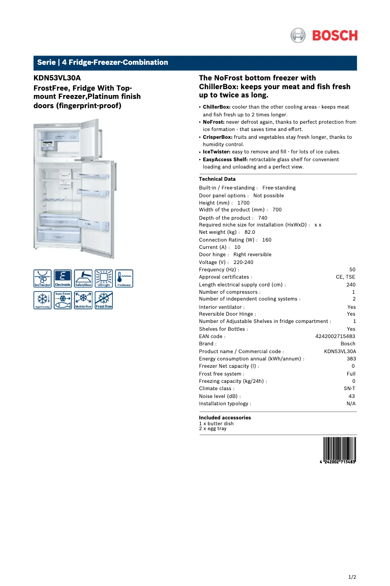 Página 1 del manual Ficha técnica Bosch KDN53VL30A