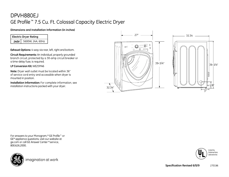 Page 1 of the manual Technical Sheet GE Profile DPVH880EJMG