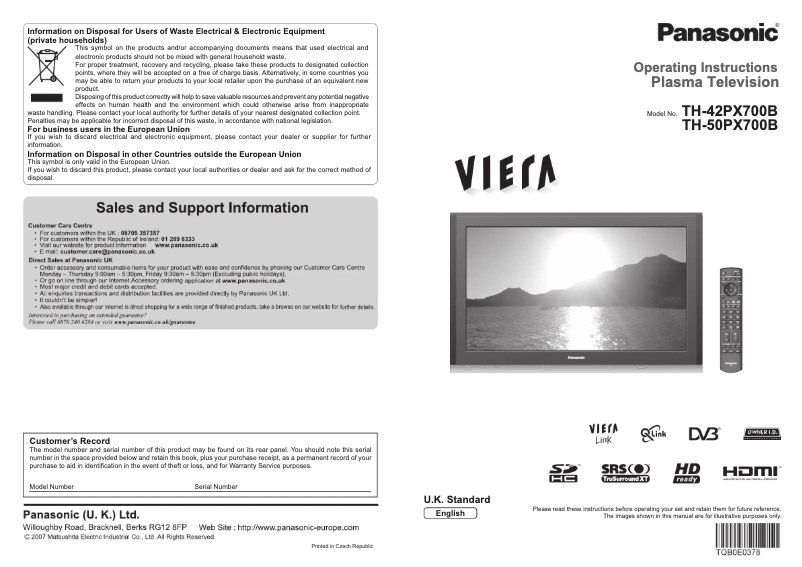 Página 1 del manual Manual de usuario Panasonic Viera TH-50PX700B