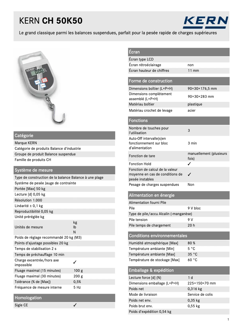 Page 1 de la notice Fiche technique Kern CH 50K50