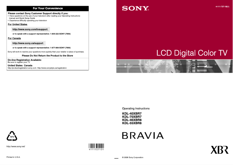 Page n°1 - Manuel utilisateur Sony Bravia KDL-40XBR7