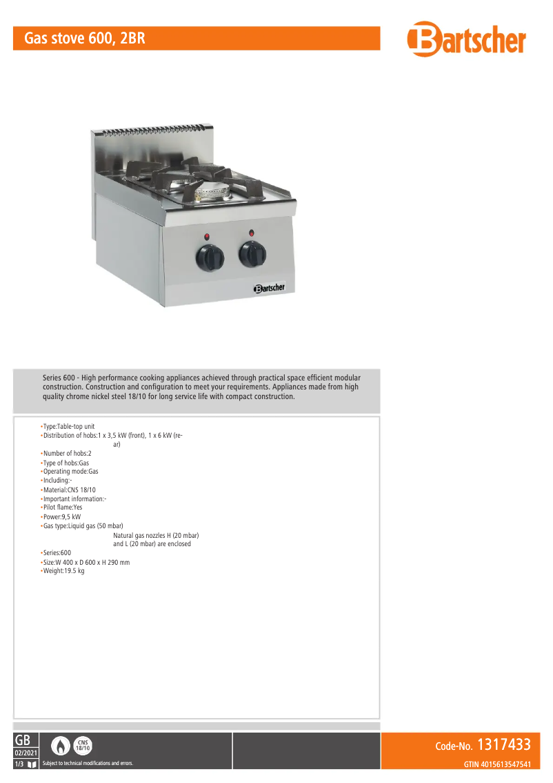 Page 1 de la notice Fiche technique Bartscher 1317433