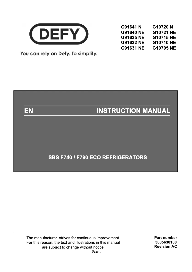 Page 1 de la notice Manuel utilisateur Defy G10721 NE