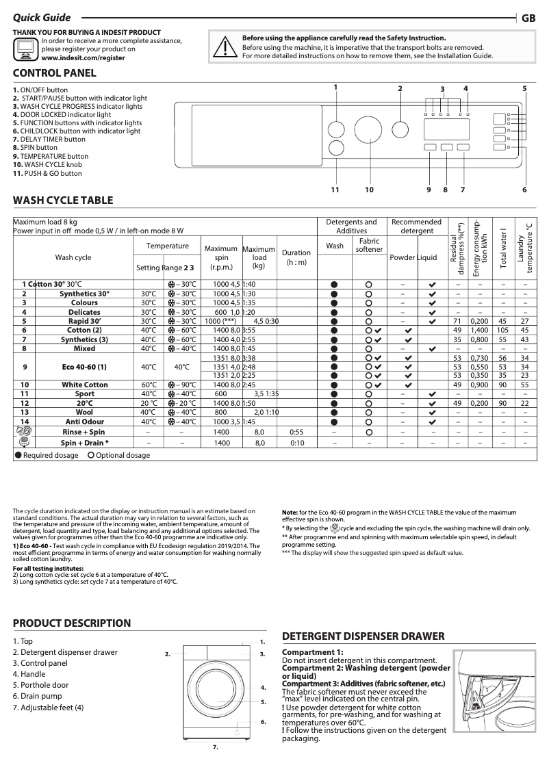 Page n°1 - Manuel utilisateur Indesit BI WMIL 81485 UK
