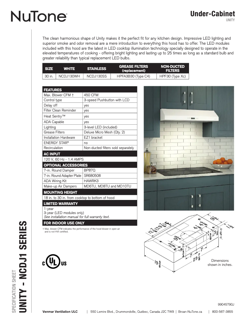 Page 1 de la notice Fiche technique NuTone NCDJ130SS
