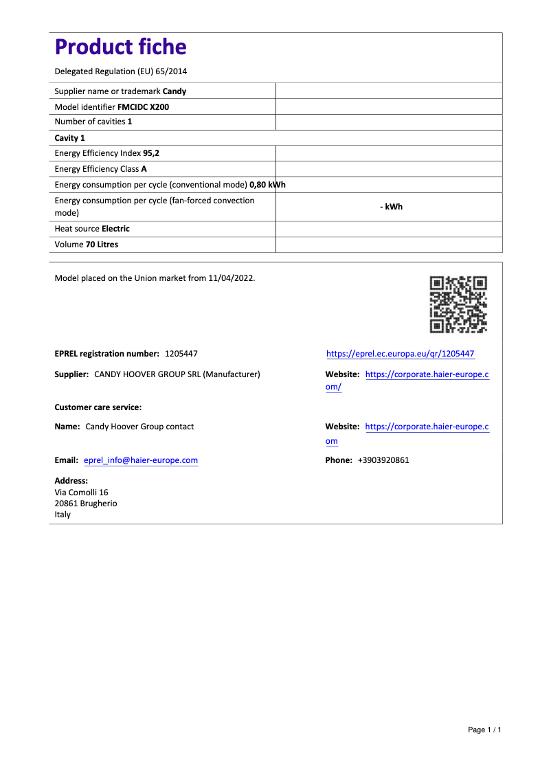 Page 1 de la notice Manuel utilisateur Candy FMCIDC X200