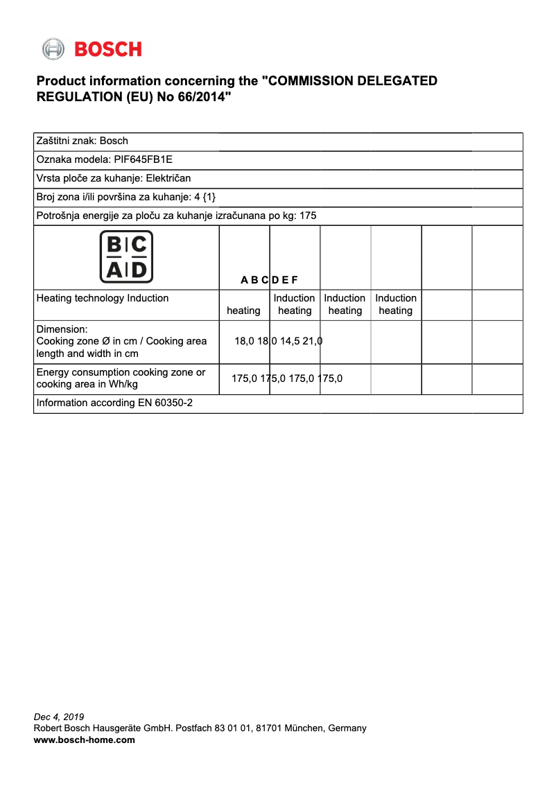 Page 1 of the manual Technical Sheet Bosch Serie 6 PIF645FB1E