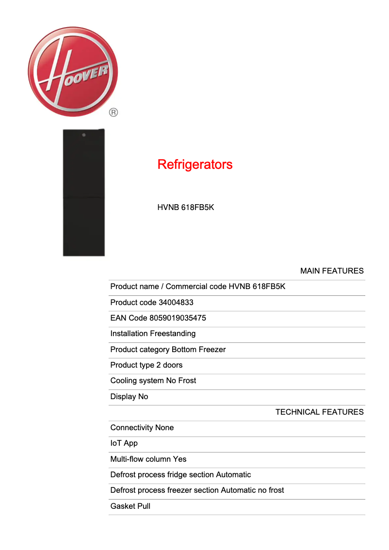 Página 1 del manual Ficha técnica Hoover HVNB 618FB5K