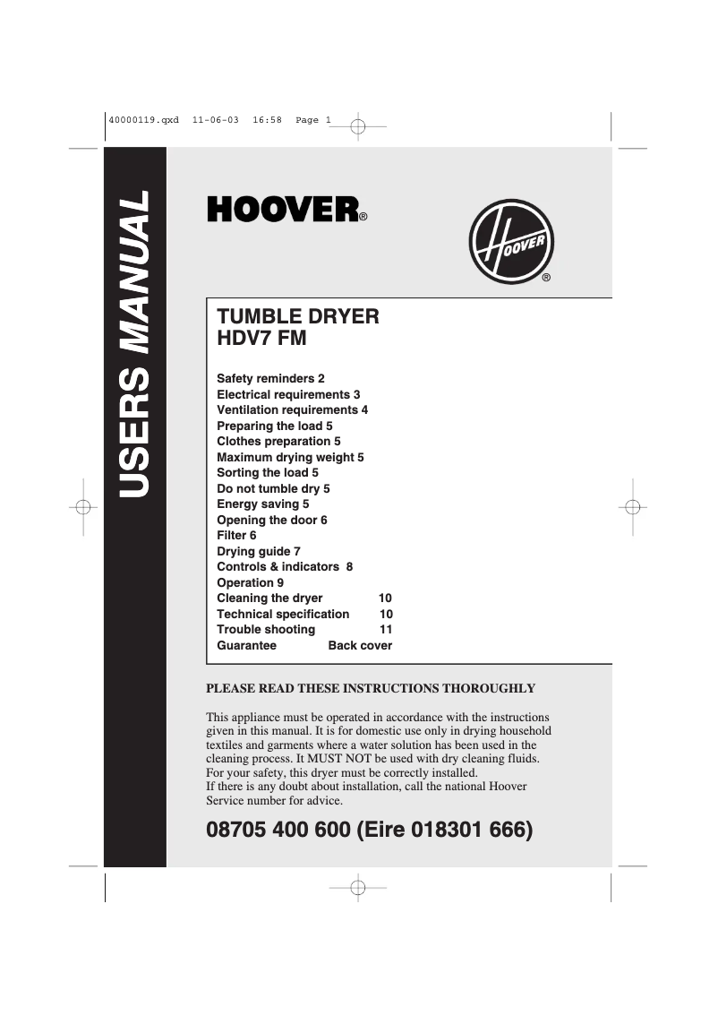 Page n°1 - Manuel utilisateur Hoover HDV 7 FM