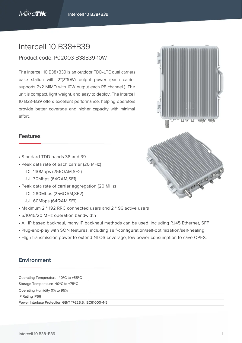 Page 1 de la notice Brochure Mikrotik Intercell 10 B38+B39