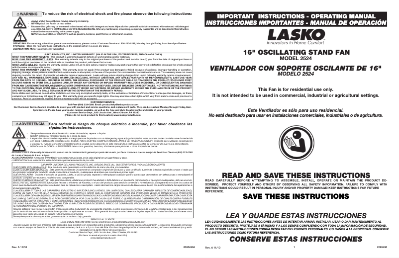 Page 1 de la notice Manuel utilisateur Lasko 2524