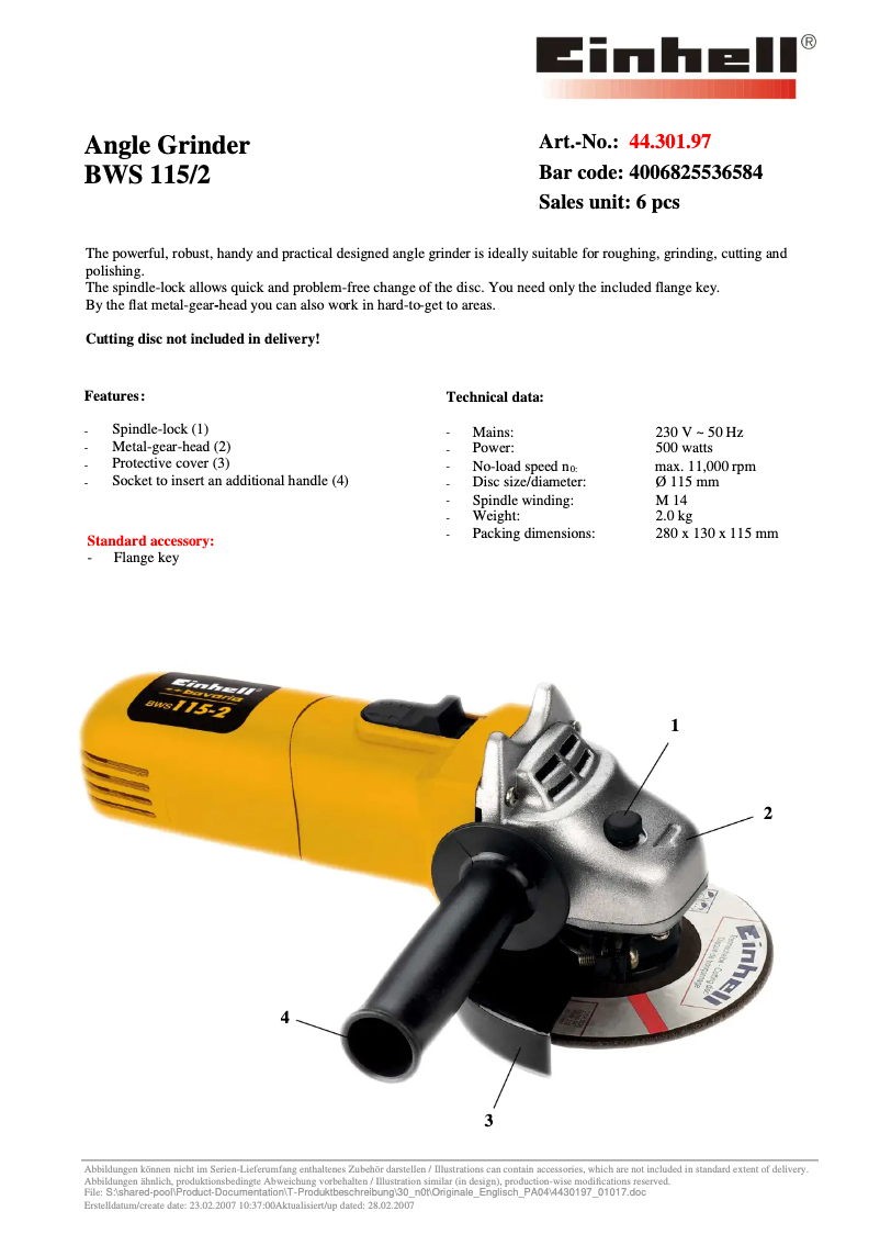 Page 1 de la notice Fiche technique Bavaria by Einhell BWS 115/2